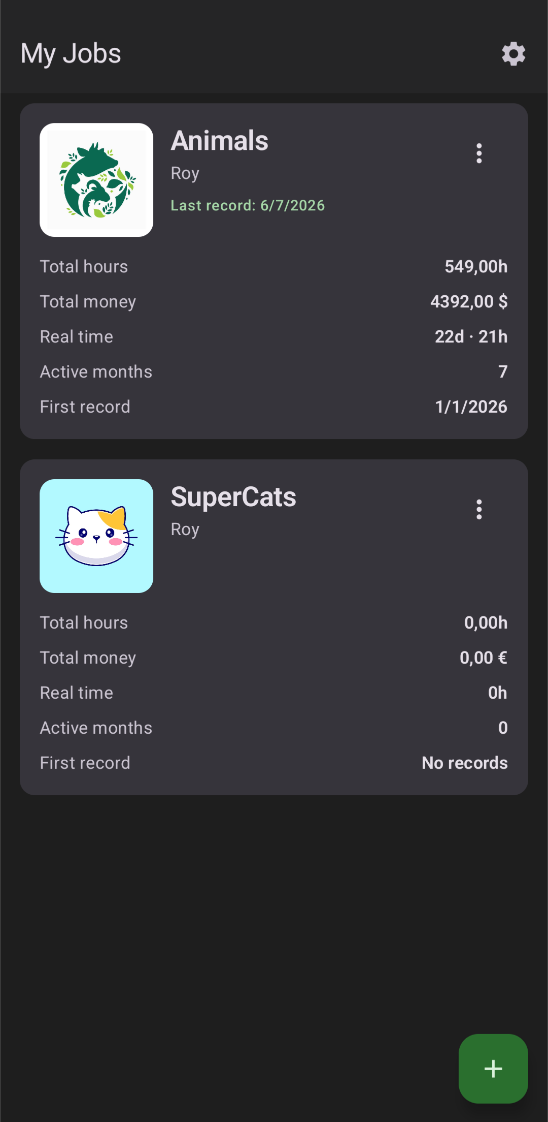 Pantalla Mis trabajos: Animals, con 549 horas y 4392 dólares, y SuperCats sin registros.