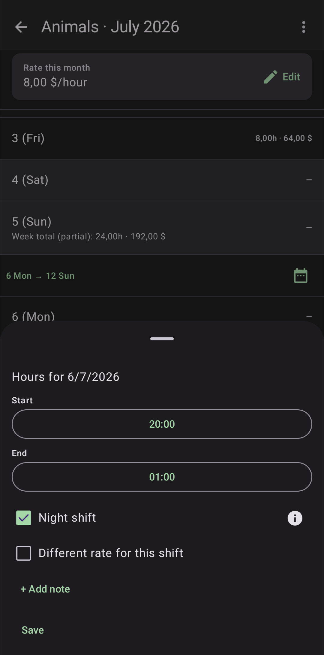 Editor de horas del 6 de julio de 2026, turno de noche de 20:00 a 01:00.
